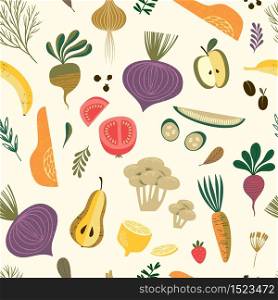 Vector seamless pattern with vegetables and fruit. Elements for design. Vector seamless pattern with vegetables and fruit.
