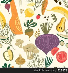 Vector seamless pattern with vegetables and fruit. Elements for design. Vector seamless pattern with vegetables and fruit.