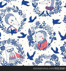 vector seamless pattern with vintage birds and cute animals