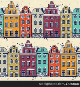 vector seamless pattern with vintage colorful houses