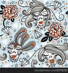 vector seamless pattern with vintage diamonds, roses and comic skulls