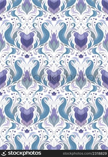 Vector seamless pattern with vintage floral ornament for fabric. Baroque tile texture with flowers and foliage on white background in blue colors. luxury purple damask wallpaper. Vector seamless pattern with vintage floral ornament for fabric. Baroque tile texture with flowers and foliage
