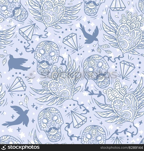 vector seamless pattern with vintage hearts ,skulls and diamonds