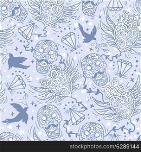 vector seamless pattern with vintage hearts ,skulls and diamonds