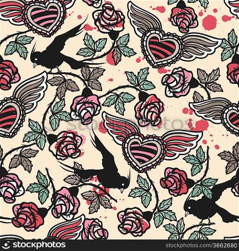 vector seamless pattern with vintage roses and hearts