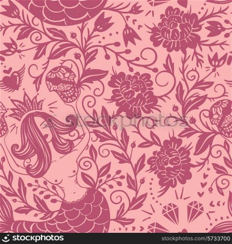 vector seamless pattern with vintage roses and mermaids