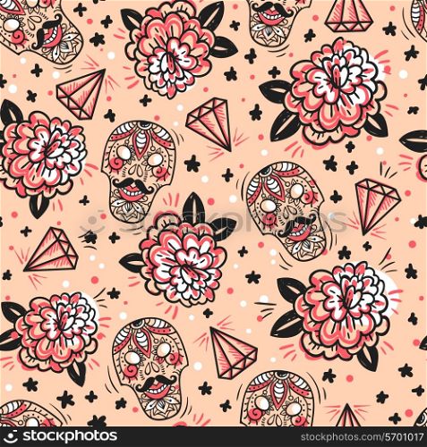vector seamless pattern with vintage roses, diamonds and skulls