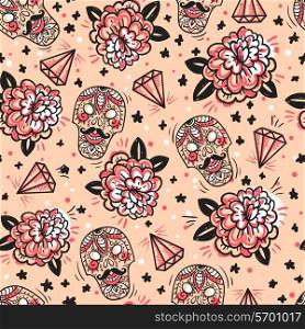 vector seamless pattern with vintage roses, diamonds and skulls