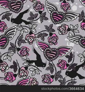 vector seamless pattern with vintage roses, hearts and black flying birds