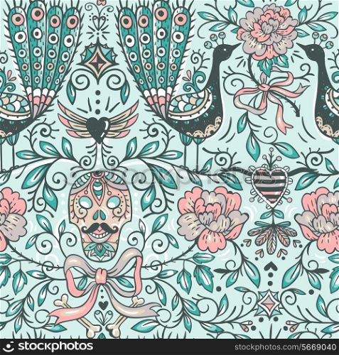 vector seamless pattern with vintage roses, ornamental skulls and peacocks