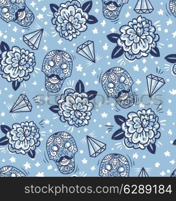 vector seamless pattern with vintage roses,skulls and diamonds