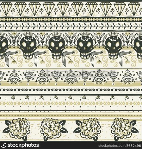 vector seamless pattern with vintage roses, skulls and folk ornaments