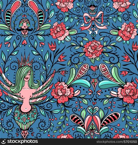 vector seamless pattern with vintage roses, skulls and mythology birds