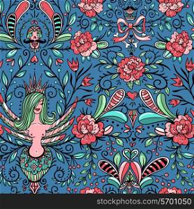 vector seamless pattern with vintage roses, skulls and mythology birds