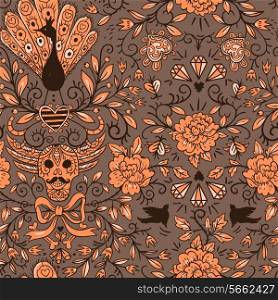 vector seamless pattern with vintage roses, skulls and peacocks