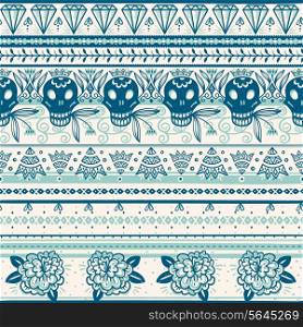 vector seamless pattern with vintage sculls, diamonds and folk ornaments