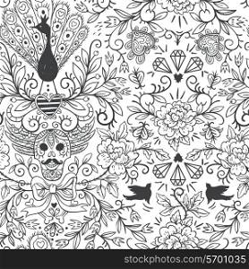 vector seamless pattern with vintage skulls and roses
