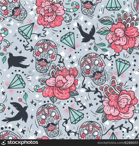 vector seamless pattern with vintage skulls,diamonds and roses