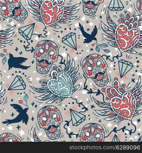vector seamless pattern with vintage skulls, hearts and flying birds