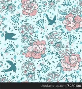 vector seamless pattern with vintage skulls, roses and flying birds