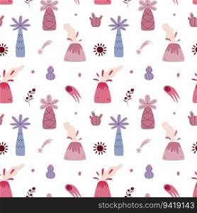 Vector seamless pattern with volcano palm cactus falling star comet and flower