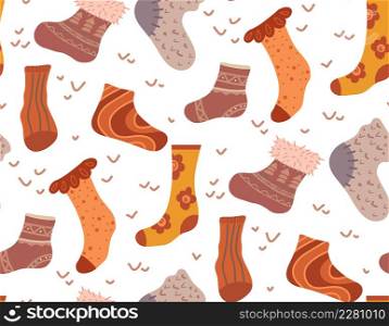 Vector seamless pattern with warm socks in brown colors with doodle decorations on white backdrop. Cozy texture with knitted clothes. Wallpaper with stockings and golfs. Flat hand drawn background. Vector seamless pattern with warm socks in brown colors with doodle decorations on white backdrop. Cozy texture with knitted clothes.