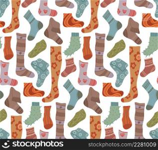 Vector seamless pattern with warm socks on white background. Texture with knitted clothes for legs. Wallpaper with stockings and golfs. Flat hand drawn background.. Vector seamless pattern with warm socks on white background. Texture with knitted clothes for legs. Wallpaper with stockings and golfs.