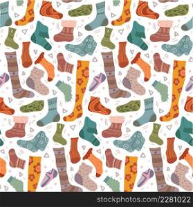 Vector seamless pattern with warm socks on white background. Texture with knitted clothes for legs. Wallpaper with stockings and golfs. Flat hand drawn background.