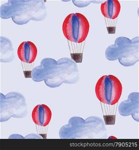 Vector Seamless Pattern with Watercolor Clouds and Air Balloons, fully editable eps 10 file with clipping mask and seamless pattern in swatch menu