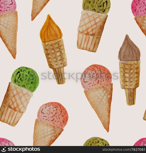 Vector Seamless Pattern with Watercolor Hand Drawn Ice Cream, fully editable eps 10 file with clipping mask and seamless pattern in swatch menu