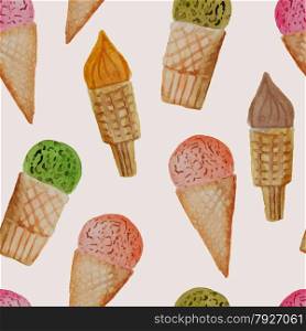Vector Seamless Pattern with Watercolor Hand Drawn Ice Cream, fully editable eps 10 file with clipping mask and seamless pattern in swatch menu