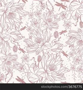 vector seamless pattern with waterlilies and dragonflies