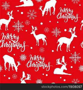 Vector seamless pattern with white deers silhouette and snowflakes on red background. Vector stock illustration.Winter holiday, Christmas eve concept. For prints, banners, stickers, cards. Christmas seamless pattern with white deers on red background
