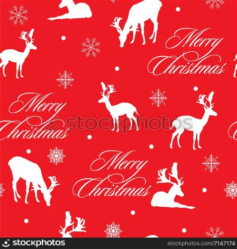Vector seamless pattern with white deers silhouette and snowflakes on red background. Vector stock illustration.Winter holiday, Christmas eve concept. For prints, banners, stickers, cards