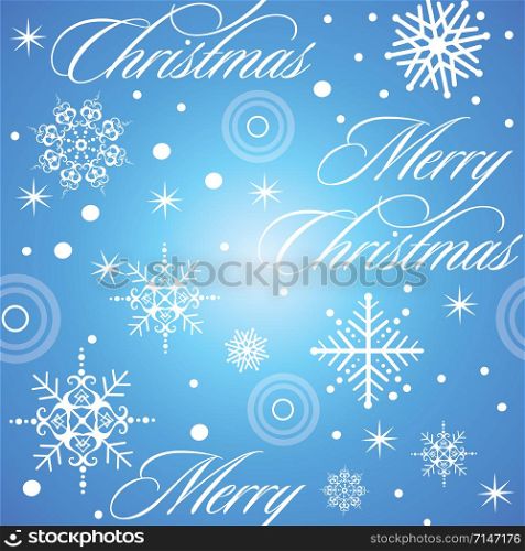 Vector seamless pattern with white different shape snowflakes on gradient blue background. Vector stock illustration.Winter holiday, Christmas eve concept. For prints, banners, stickers, cards
