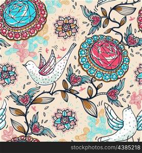 vector seamless pattern with white doves and shining brooches