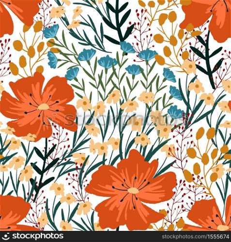 Vector seamless pattern with wild flowers. Decorative ornament backdrop for fabric, textile, wrapping paper, card, invitation, wallpaper, web, app, social media