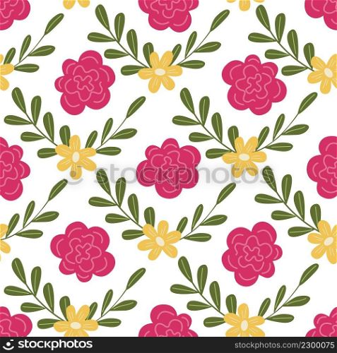 Vector seamless pattern with wildflowers in doodle style.