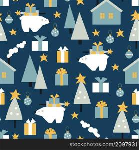 Vector seamless pattern with wnter houses and polar bear.