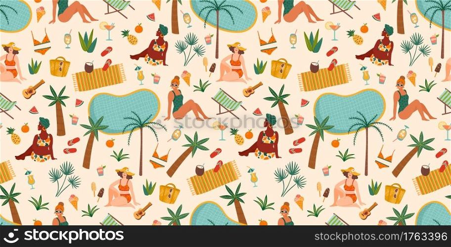 Vector seamless pattern with women in swimsuit on tropical beach. Summer holliday, vacation, travel. Background for summer concept and other use.. Vector seamless pattern with women in swimsuit on tropical beach. Summer holliday, vacation, travel.