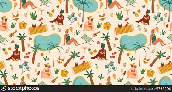 Vector seamless pattern with women in swimsuit on tropical beach. Summer holliday, vacation, travel. Background for summer concept and other use.. Vector seamless pattern with women in swimsuit on tropical beach. Summer holliday, vacation, travel.