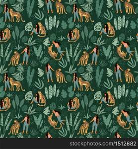 Vector seamless pattern with women, leopards and tropical leaves. Trendy design for paper, cover, fabric and other users.. Vector seamless pattern with women, leopards and tropical leaves.