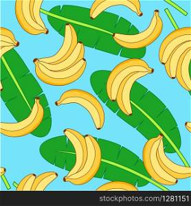 vector seamless pattern with yellow bananas and green leaves isolated on blue background. food illustration of fresh tropical banana fruits for seamless summer patterns