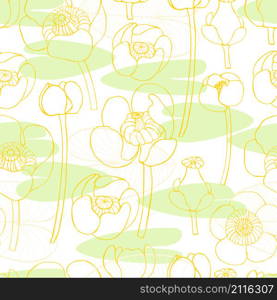 Vector seamless pattern with yellow water lilies. Sketch illustration. Yellow water lilies. Vector sketch illustration