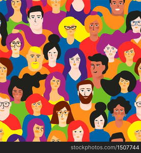 Vector seamless pattern with young men and women in LGBT colors. Design element.. Vector seamless pattern with young men and women in LGBT colors.