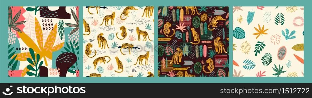 Vector seamless patterns with leopards and tropical leaves. Trendy style.. Vector seamless patterns with leopards and tropical leaves.