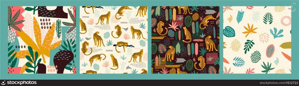 Vector seamless patterns with leopards and tropical leaves. Trendy style.. Vector seamless patterns with leopards and tropical leaves.