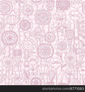 vector seamless pink floral pattern. vector seamless pink background of wildflowers doodles and polka dot pattern