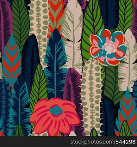 Vector seamless print of leaves, cactus and flowers abstract color. Flat wallpaper pattern background