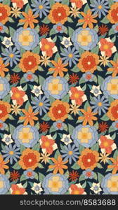 Vector seamless retro pattern with bouquet groovy flowers. Ditsy hippie texture with different flowers on dark blue background in grid ornament. Floral background for fabrics and wallpapers.. Vector seamless retro pattern with bouquet groovy flowers. Ditsy hippie texture with different flowers on dark blue background in grid ornament.